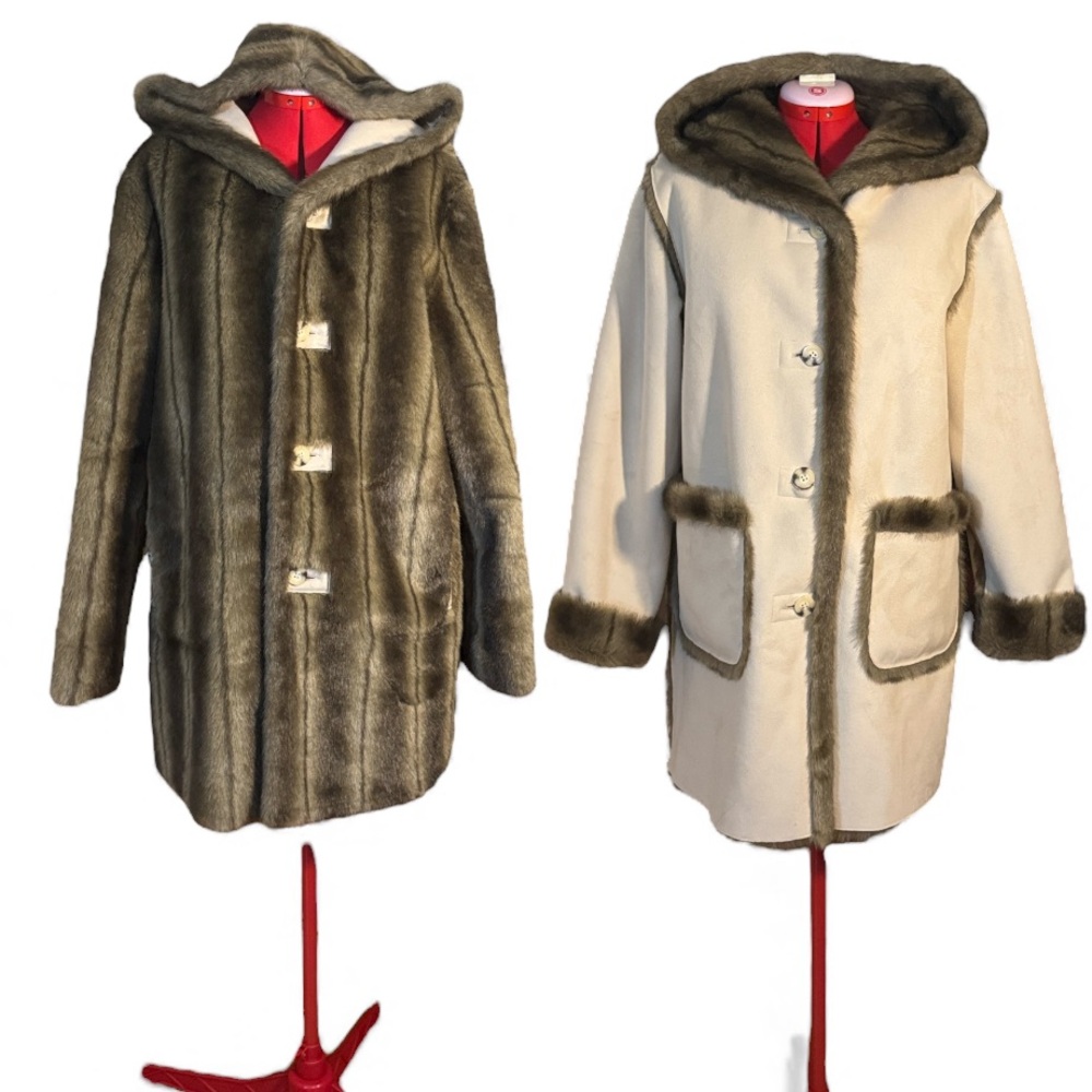 Dennis Basso Reversible Faux Fur Faux Suede Coat with Hood Size Medium